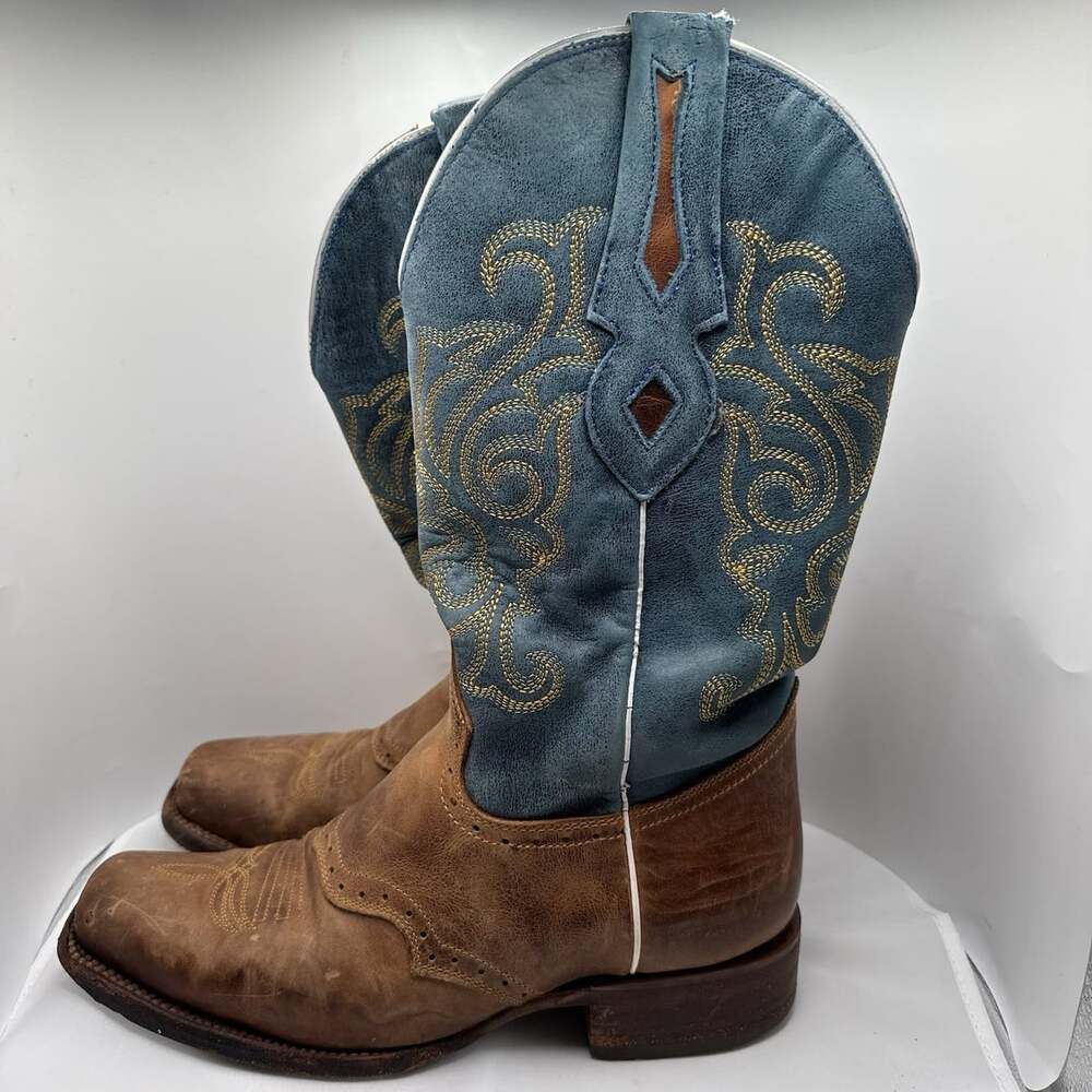 VTG J.B. Dillon Windmark Blue Tan Leather Cowboy Boots M/7 W/8.5 Read Western